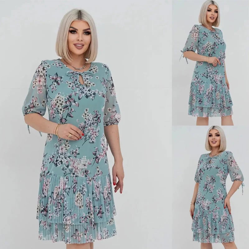 🌹Elegant chiffon long pleated dress with short sleeves-POIULTD