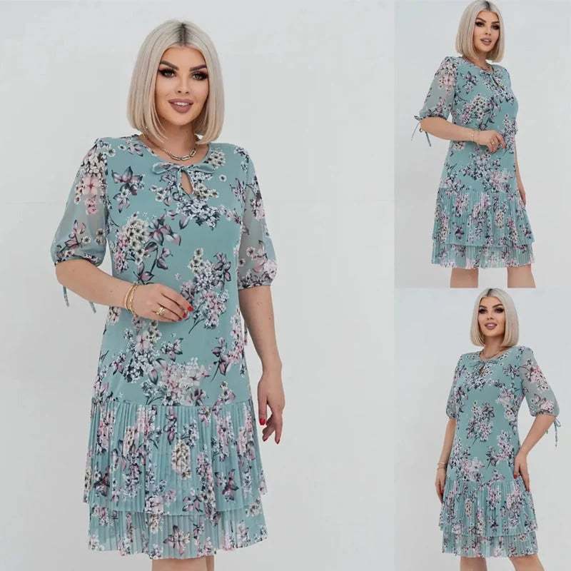 🌹Elegant chiffon long pleated dress with short sleeves-POIULTD
