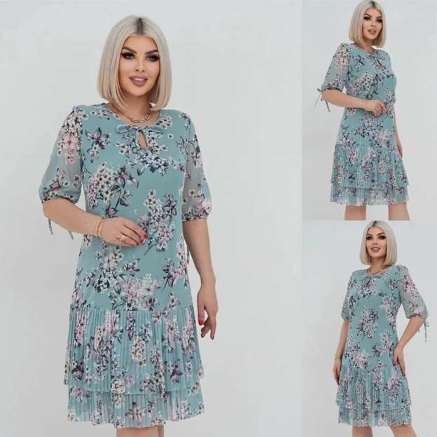 🌹Elegant chiffon long pleated dress with short sleeves-POIULTD