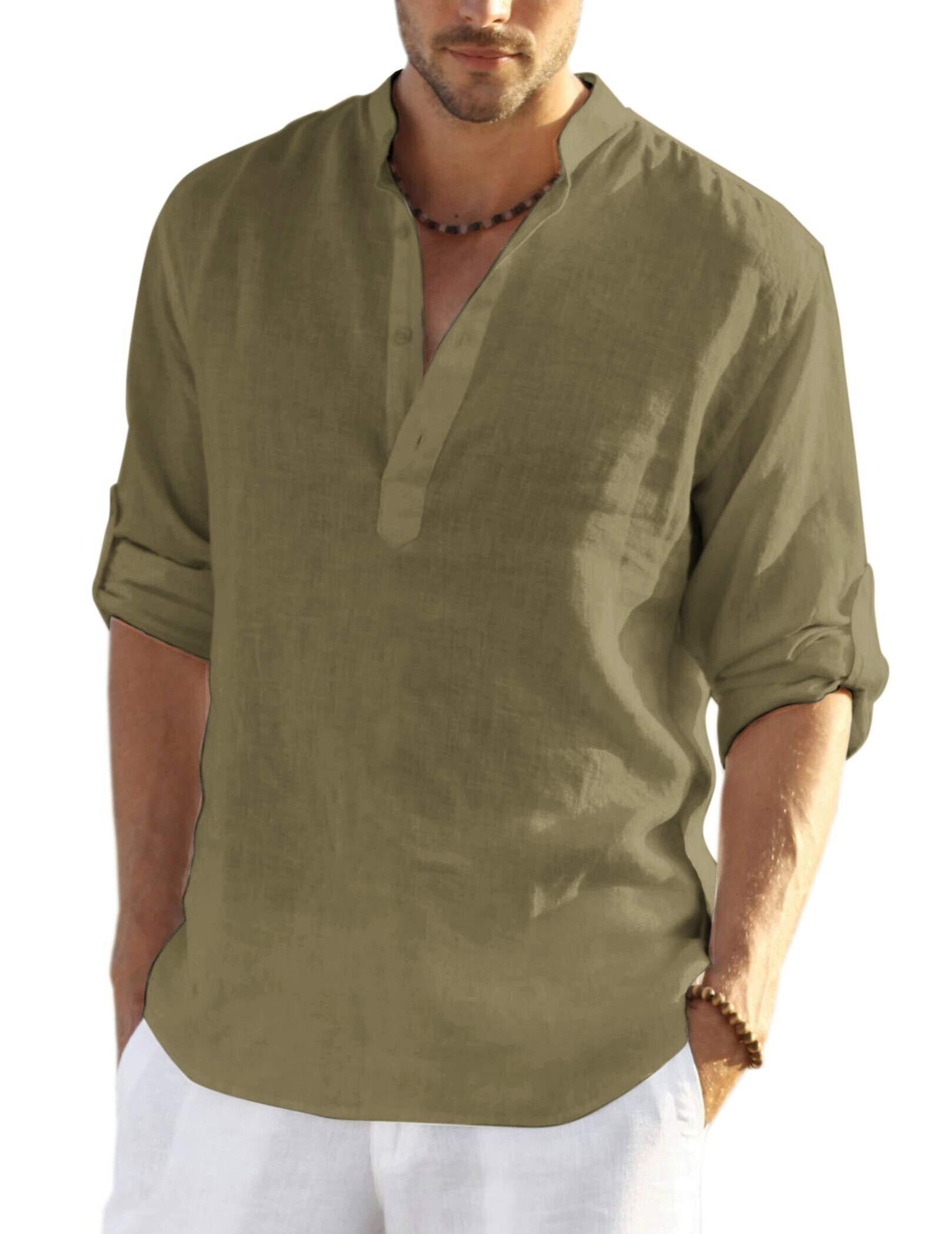 2024 Men's Cotton Linen Henley Shirt Long Sleeve Hippie Casual Beach T Shirts-POIULTD