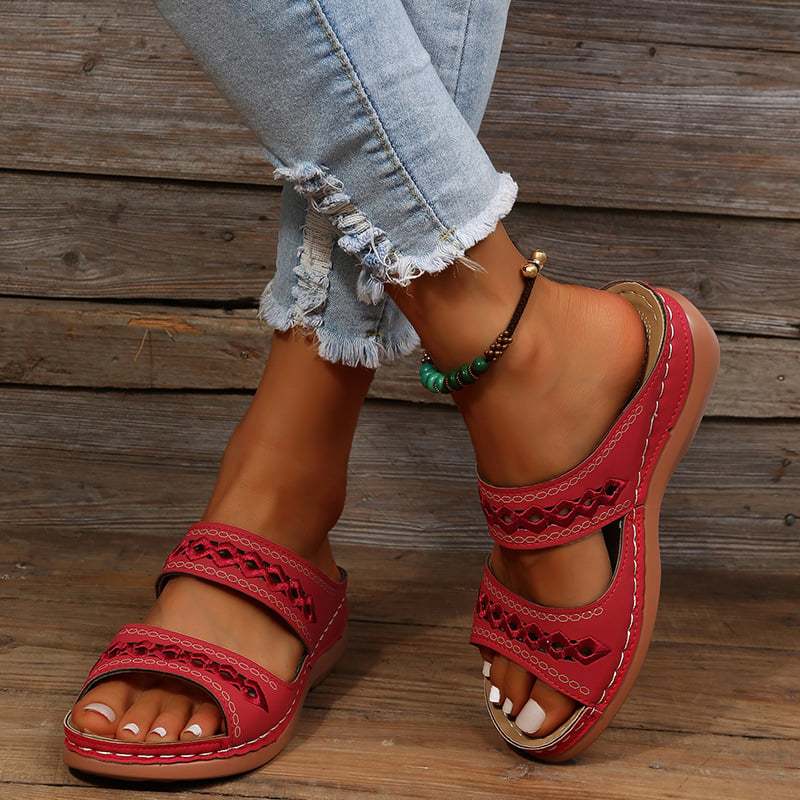 Retro Anti Slip Round Toe Sloping Heel Comfortable Women'S Slippers-POIULTD