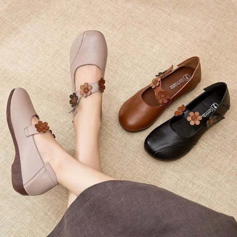 Women's Fall Retro Casual Floral Velcro Comfy Pumps Flat PU Leather Shoes-POIULTD