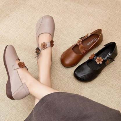 Women's Fall Retro Casual Floral Velcro Comfy Pumps Flat PU Leather Shoes-POIULTD