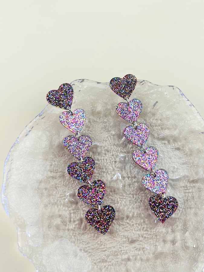 Women's Valentine's Day Glitter Heart Extra Long Pendant Design Versatile Fashion Earrings-POIULTD