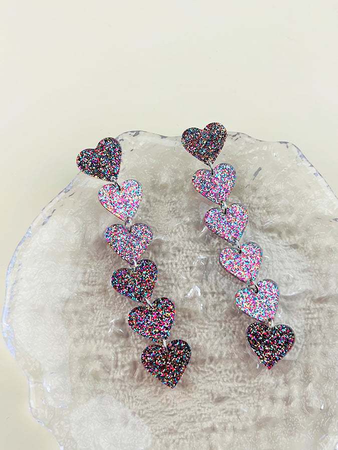 Women's Valentine's Day Glitter Heart Extra Long Pendant Design Versatile Fashion Earrings-POIULTD