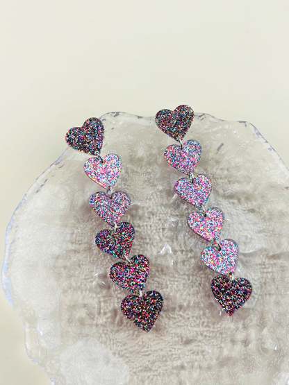 Women's Valentine's Day Glitter Heart Extra Long Pendant Design Versatile Fashion Earrings-POIULTD