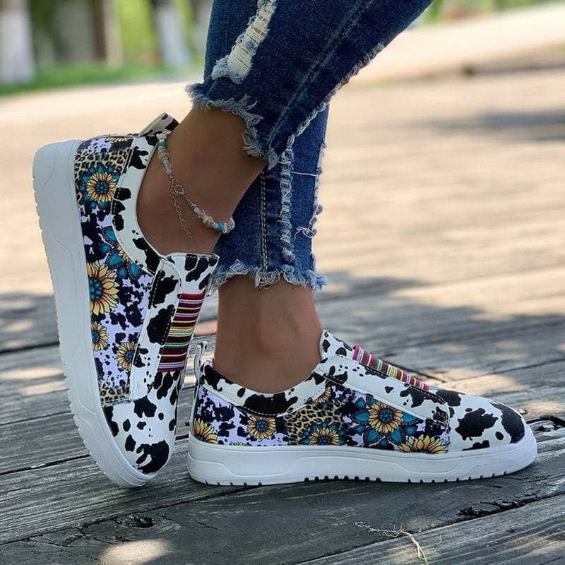 Women's Retro Cow Print Casual Flat Shoes-POIULTD