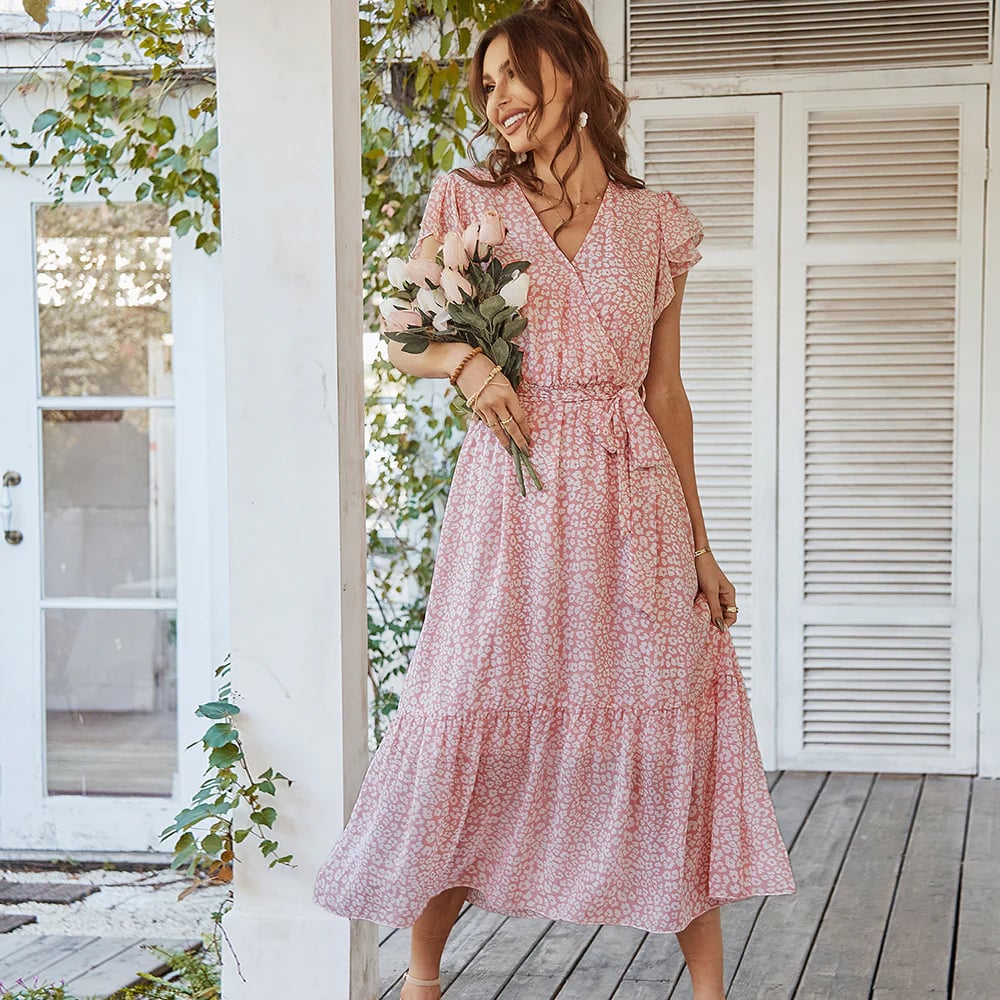 Summer Dresses Ruffle Cap Sleeve V Neck Belt Wrap Split Boho Floral Long Casual Party Beach Dress-POIULTD