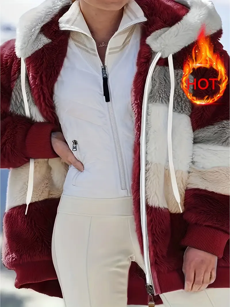 Fuzzy Color Block Coat, Casual Hooded Zip Up Drawstring Long Sleeve Outerwear, Women's Clothing