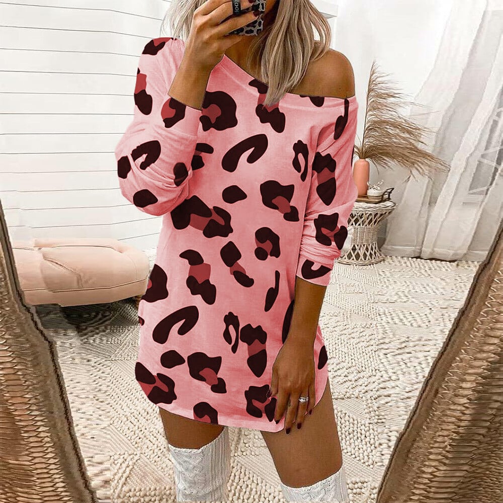Leopard Print Off-the-shoulder Long-sleeved T-shirt-POIULTD