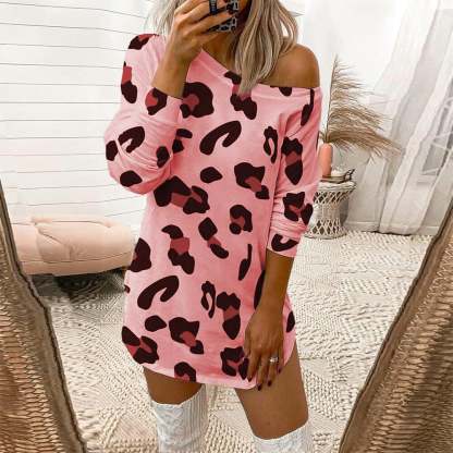 Leopard Print Off-the-shoulder Long-sleeved T-shirt-POIULTD