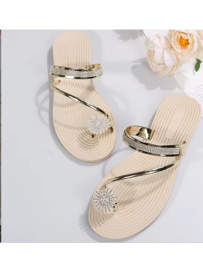 Set Toe Sand Slippers Female Wearing Summer New Beach Sandals Rhinestone Flat Bottom Slippers-POIULTD