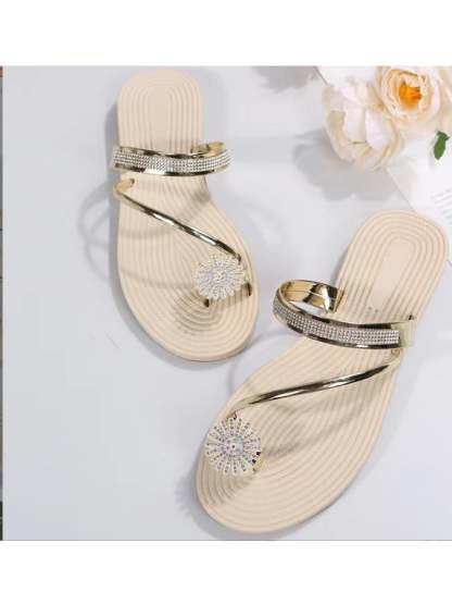 Set Toe Sand Slippers Female Wearing Summer New Beach Sandals Rhinestone Flat Bottom Slippers-POIULTD