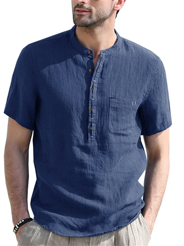 Stand Collar Short-sleeved Linen Shirt Sleeve Breathable Casual Linen Soft Slim Fit Men