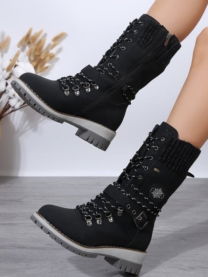The New Mid -Tube Martin Boots Round -Headed Pure Color Thick Heel Front Line Lace Snow Boots Women's Boots-POIULTD