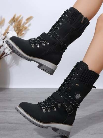 The New Mid -Tube Martin Boots Round -Headed Pure Color Thick Heel Front Line Lace Snow Boots Women's Boots-POIULTD
