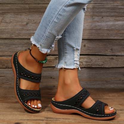 Retro Anti Slip Round Toe Sloping Heel Comfortable Women'S Slippers-POIULTD