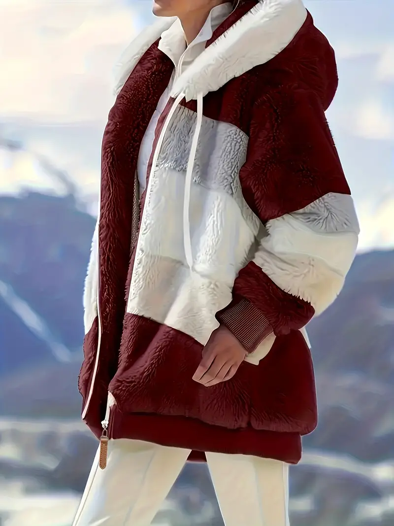 Fuzzy Color Block Coat, Casual Hooded Zip Up Drawstring Long Sleeve Outerwear, Women's Clothing