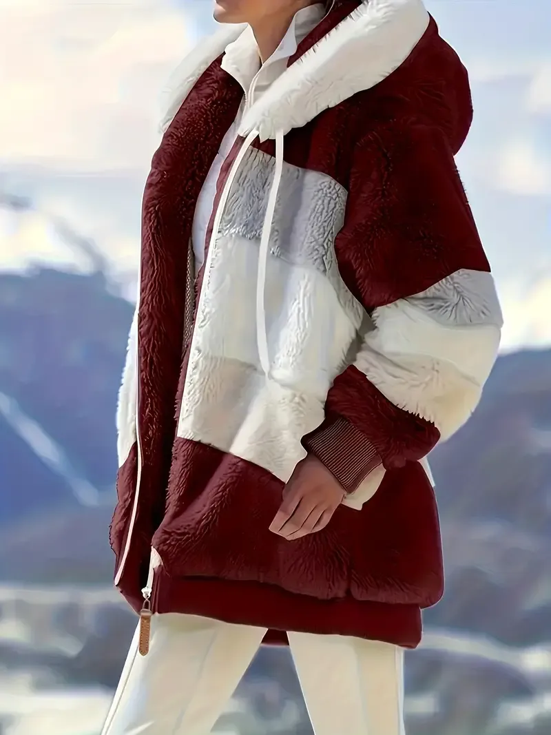 Fuzzy Color Block Coat, Casual Hooded Zip Up Drawstring Long Sleeve Outerwear, Women's Clothing