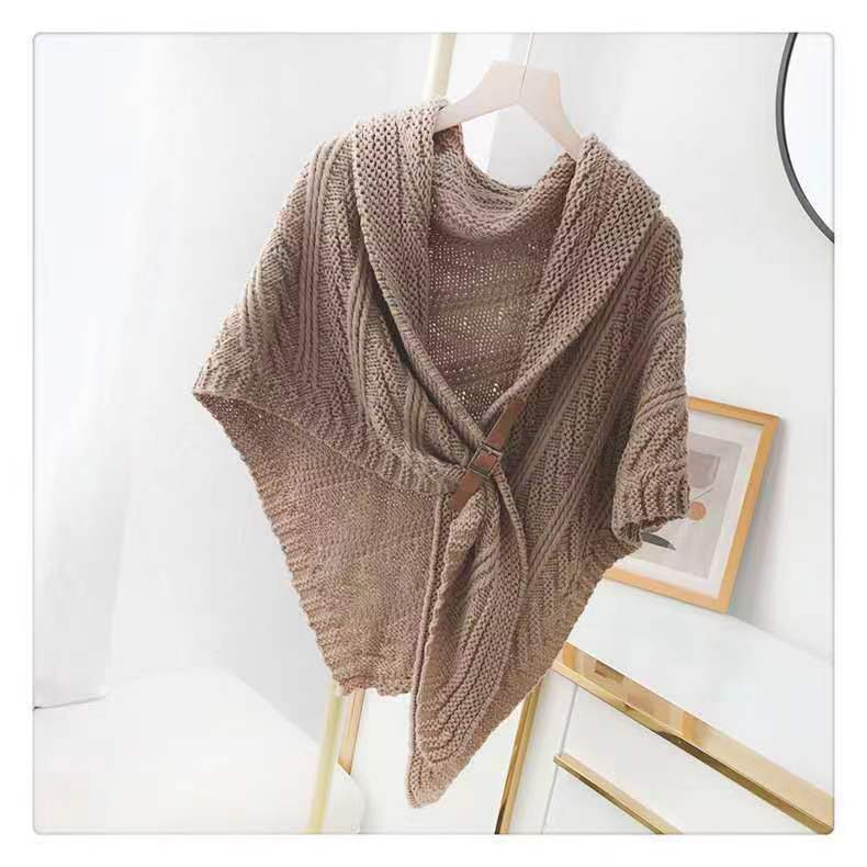 Knitted Triangle Shawl with Leather Buckle-POIULTD