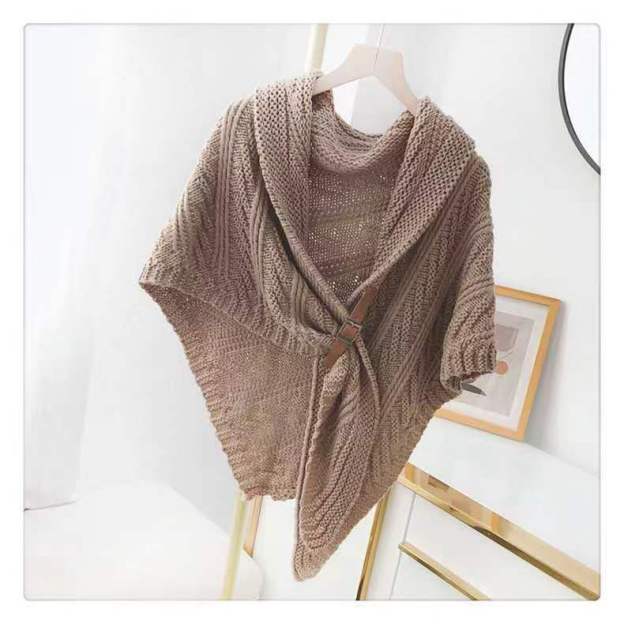 Knitted Triangle Shawl with Leather Buckle-POIULTD