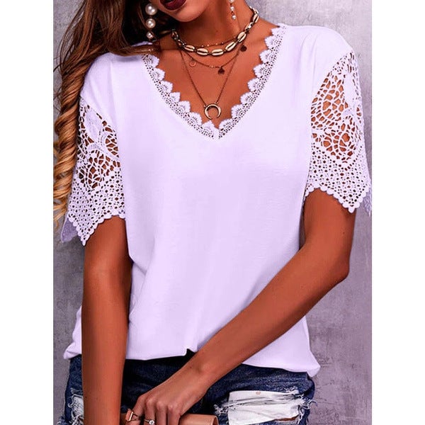 Women's Lace Patchwork Loose V-Neck Short Sleeve T-Shirt-POIULTD