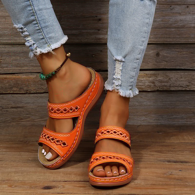 Retro Anti Slip Round Toe Sloping Heel Comfortable Women'S Slippers-POIULTD