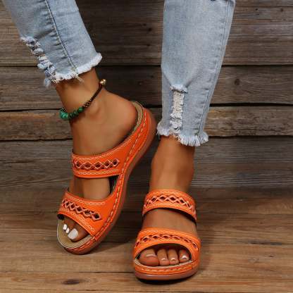 Retro Anti Slip Round Toe Sloping Heel Comfortable Women'S Slippers-POIULTD