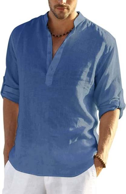 2024 Men's Cotton Linen Henley Shirt Long Sleeve Hippie Casual Beach T Shirts-POIULTD