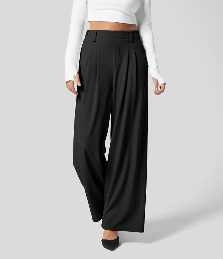 High Rise Pleated Side Pocket Wide Leg Waffle Work Pants