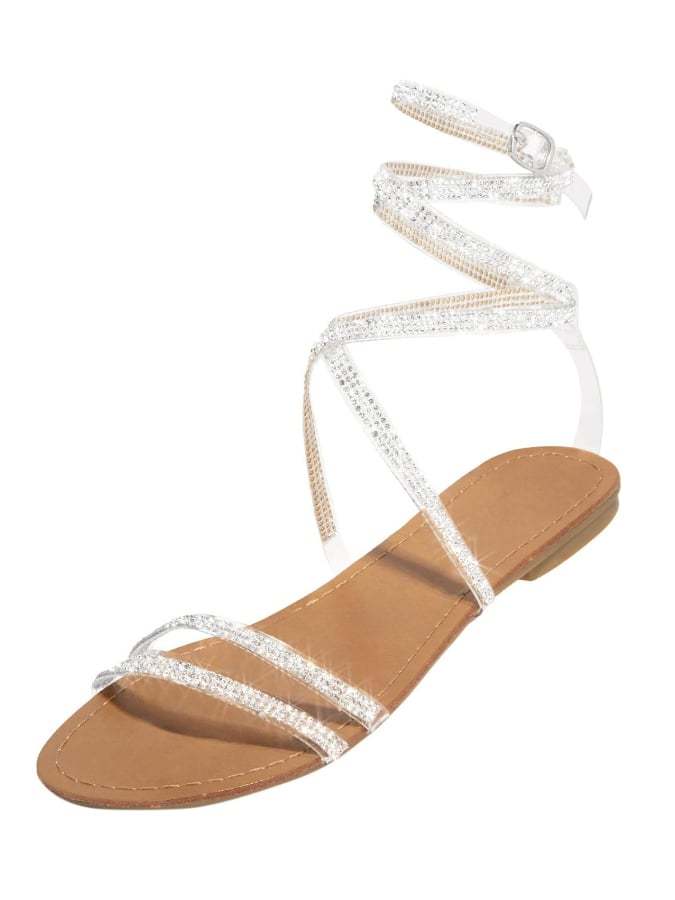 Summer New Round Head Solid Color Strap Rhinestone Large -Size Strap Flash Women's Fashion Sandals Cross Band-POIULTD