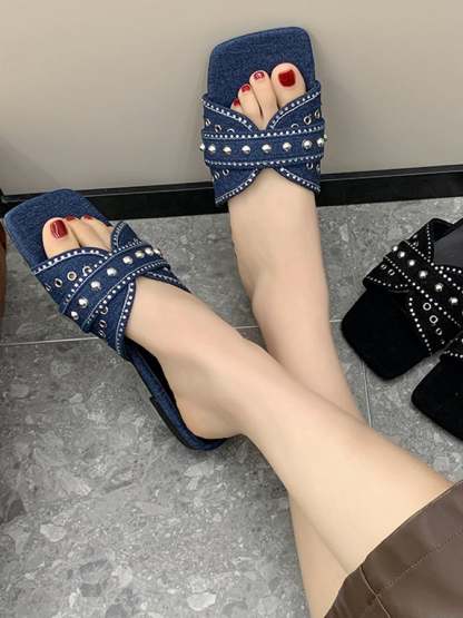 Slipper Female Denim Rhinestone Rivet Flat Beach Sandals Simple Outer Outer Leisure And Sand Slippers-POIULTD