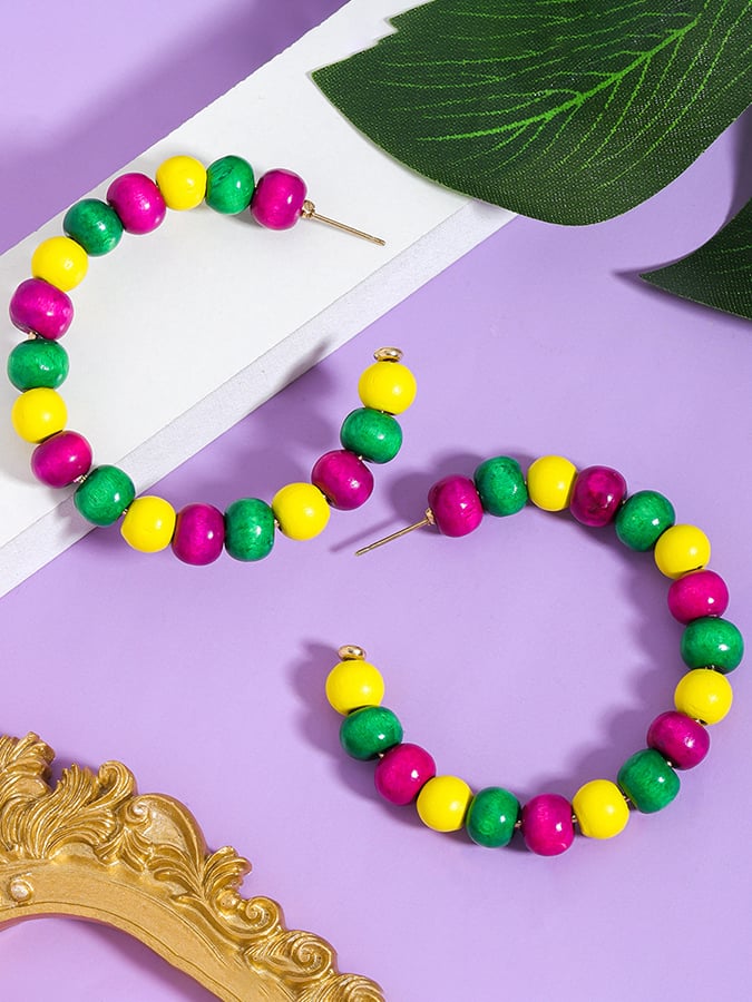 Women's Carnival Colored Wooden Beads Fashionable And Versatile Temperament Light Luxury Earrings-POIULTD