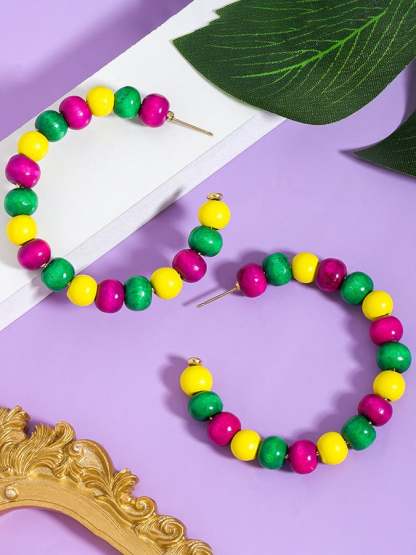Women's Carnival Colored Wooden Beads Fashionable And Versatile Temperament Light Luxury Earrings-POIULTD