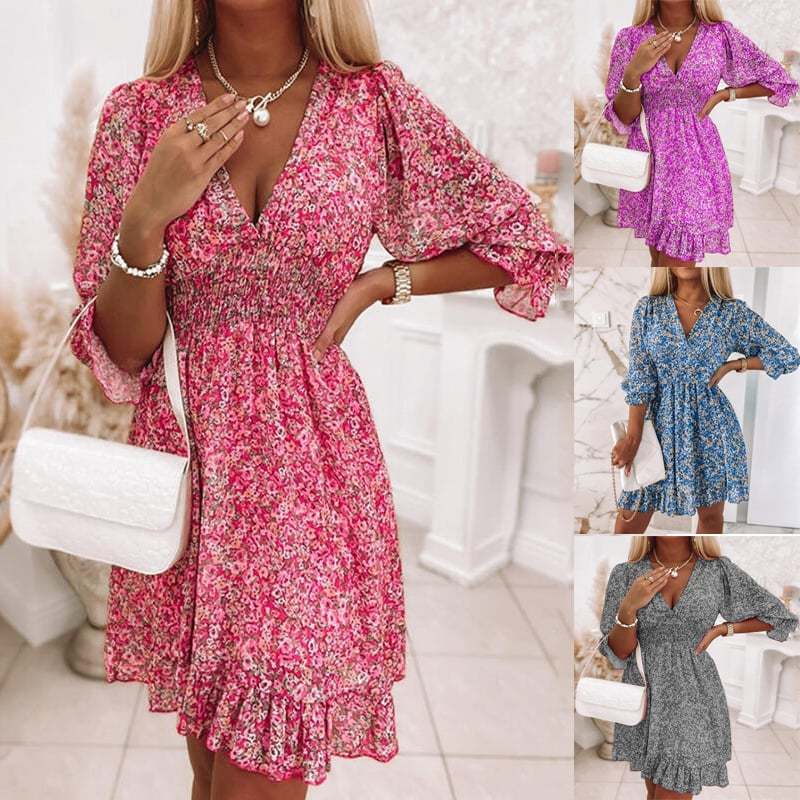 Puff Sleeve Mid Waist Floral Dress-POIULTD