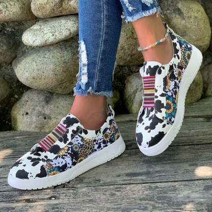 Women's Retro Cow Print Casual Flat Shoes-POIULTD