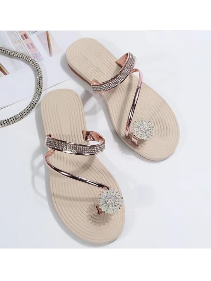 Set Toe Sand Slippers Female Wearing Summer New Beach Sandals Rhinestone Flat Bottom Slippers-POIULTD