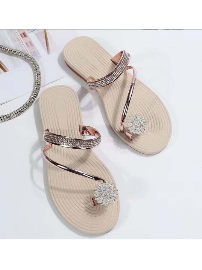 Set Toe Sand Slippers Female Wearing Summer New Beach Sandals Rhinestone Flat Bottom Slippers-POIULTD