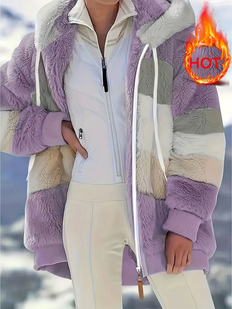 Fuzzy Color Block Coat, Casual Hooded Zip Up Drawstring Long Sleeve Outerwear, Women's Clothing