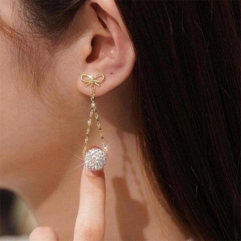 Bow Diamond Ball Earrings-POIULTD