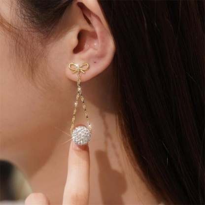 Bow Diamond Ball Earrings-POIULTD