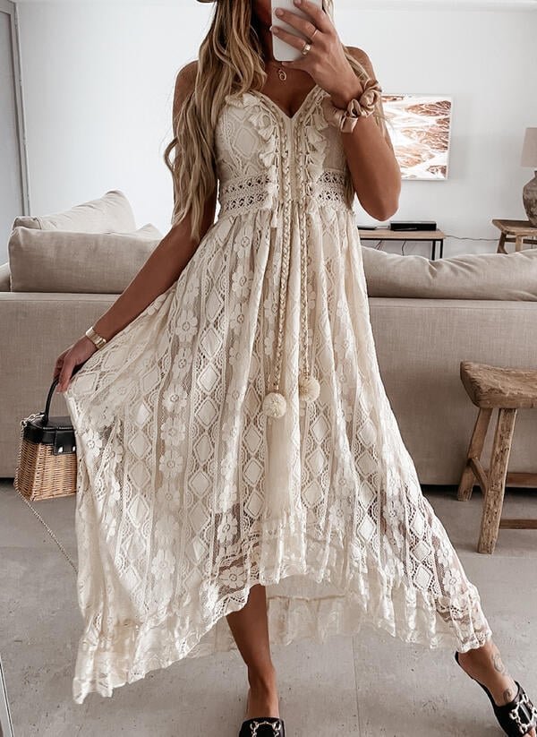 V-Neck Lace-Up Strappy Dress-POIULTD