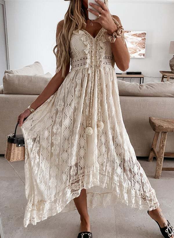 V-Neck Lace-Up Strappy Dress-POIULTD