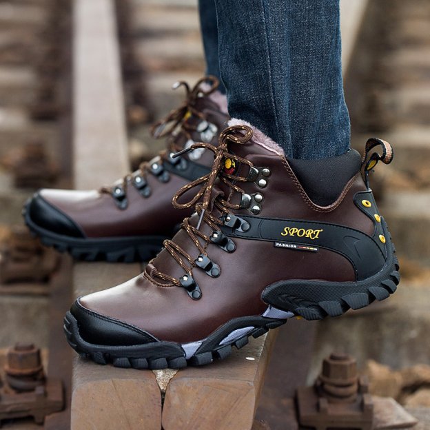 (⏰Limited Time Sale 69%off)Men's Genuine Leather Waterproof Hiking Boots Wide-Toe Warm Insulated Winter Ankle Boots-POIULTD