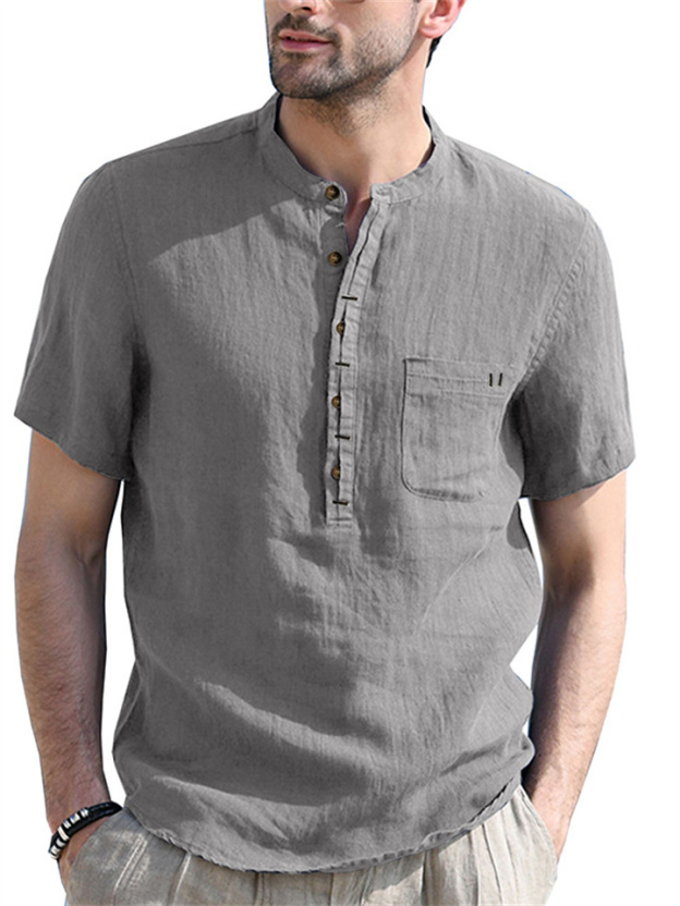 Stand Collar Short-sleeved Linen Shirt Sleeve Breathable Casual Linen Soft Slim Fit Men