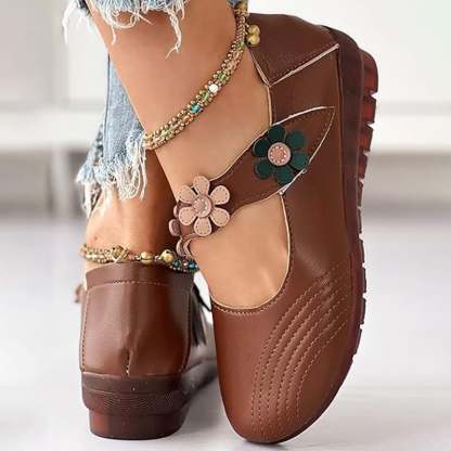 Women's Fall Retro Casual Floral Velcro Comfy Pumps Flat PU Leather Shoes-POIULTD