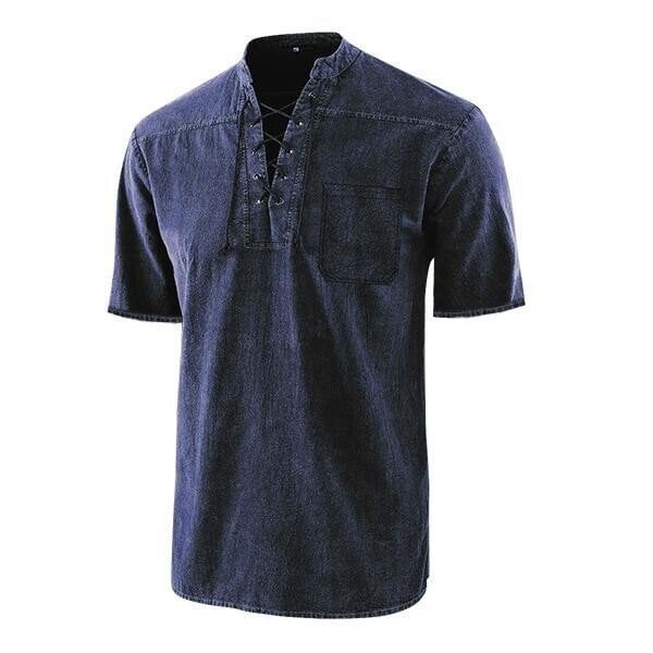 Men Gothic Retro T Shirt Lace-up V-neck Denim Pocket Short Sleeve Tee Shirt Loose Tops-POIULTD