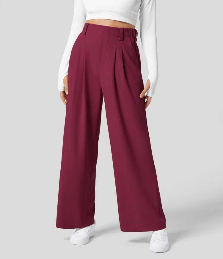 High Rise Pleated Side Pocket Wide Leg Waffle Work Pants