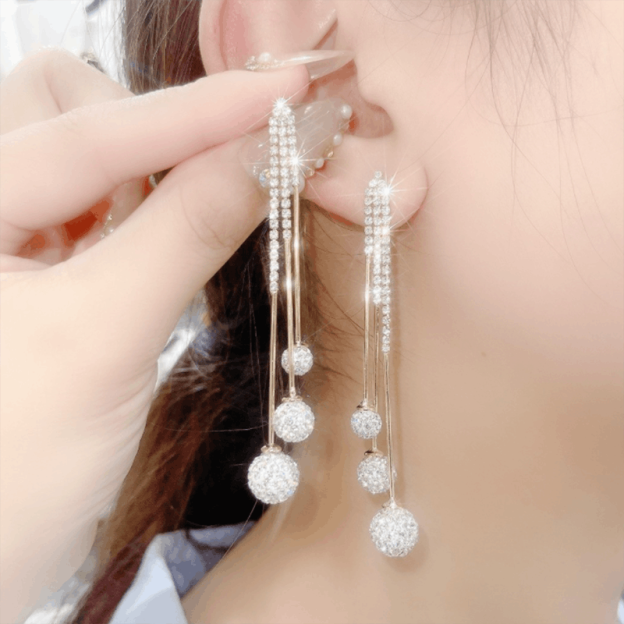 Fashion Diamond Ball Tassel Earrings-POIULTD