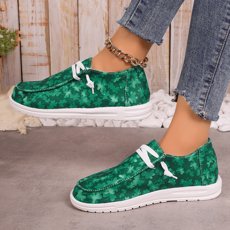 Women's Clover Print Flat Casual Canvas Shoes-POIULTD